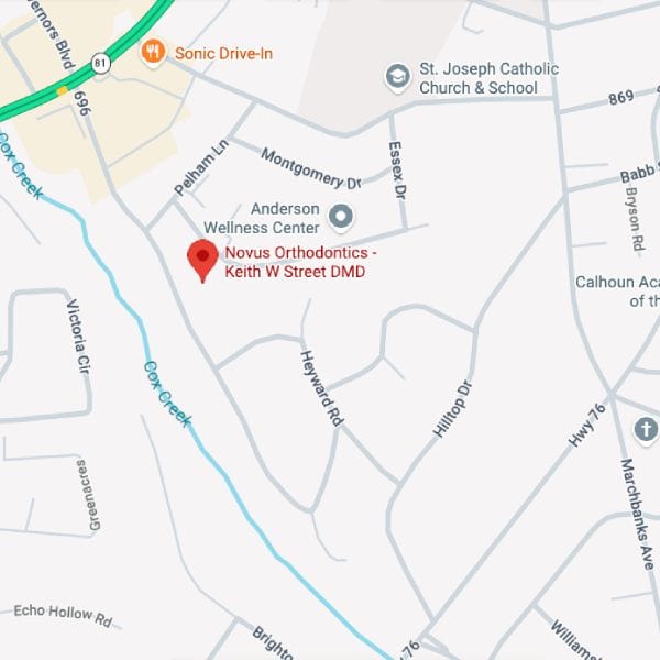 Map view showing Novus Orthodontics on Keith W Street DMD near Cox Creek, with surrounding streets visible (Montgomery Dr, Heyward Rd).